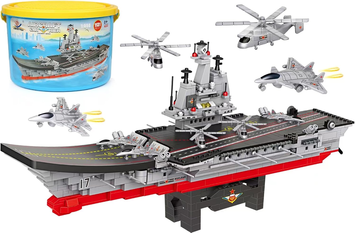Juego de bloques de construcción de juguete con caja de almacenamiento, 1131 piezas, acorazado del ejército, aviones, barco, juguete de construcción