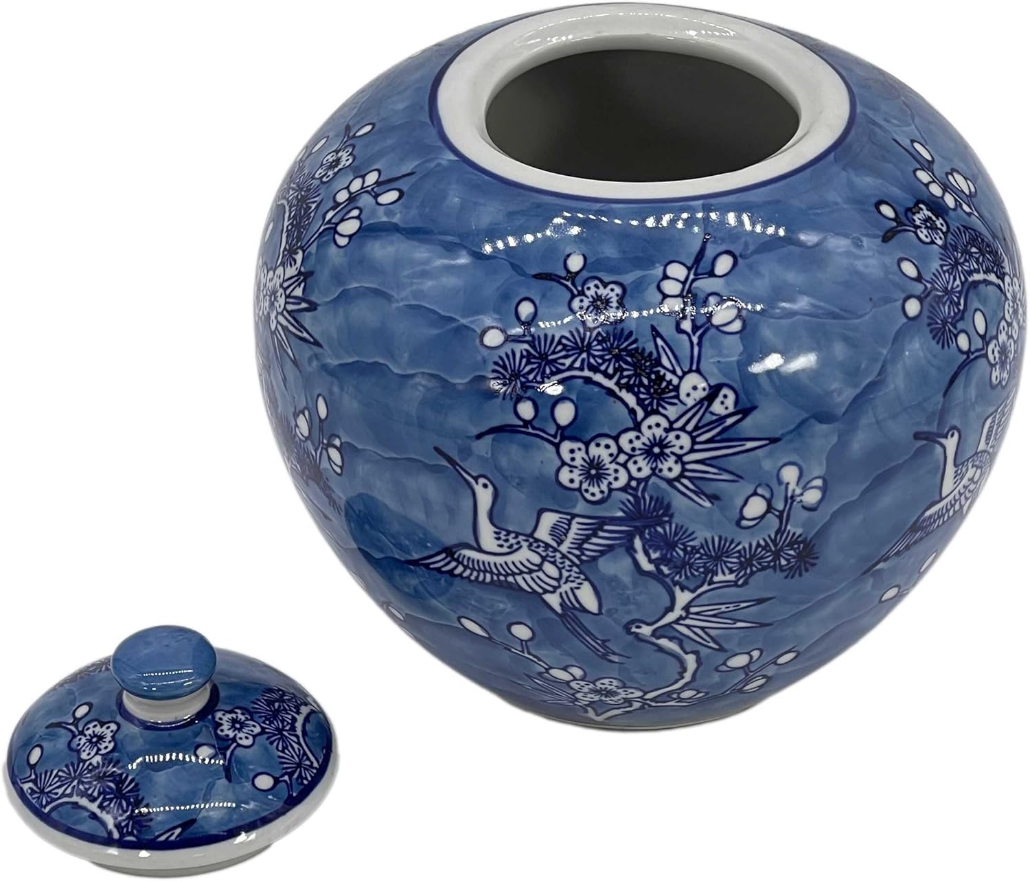 Galt International Tarro chinoiserie de grúa floral azul y blanco de 8 pulgadas con tapa decorativa de jengibre para centro de mesa, almacenamiento