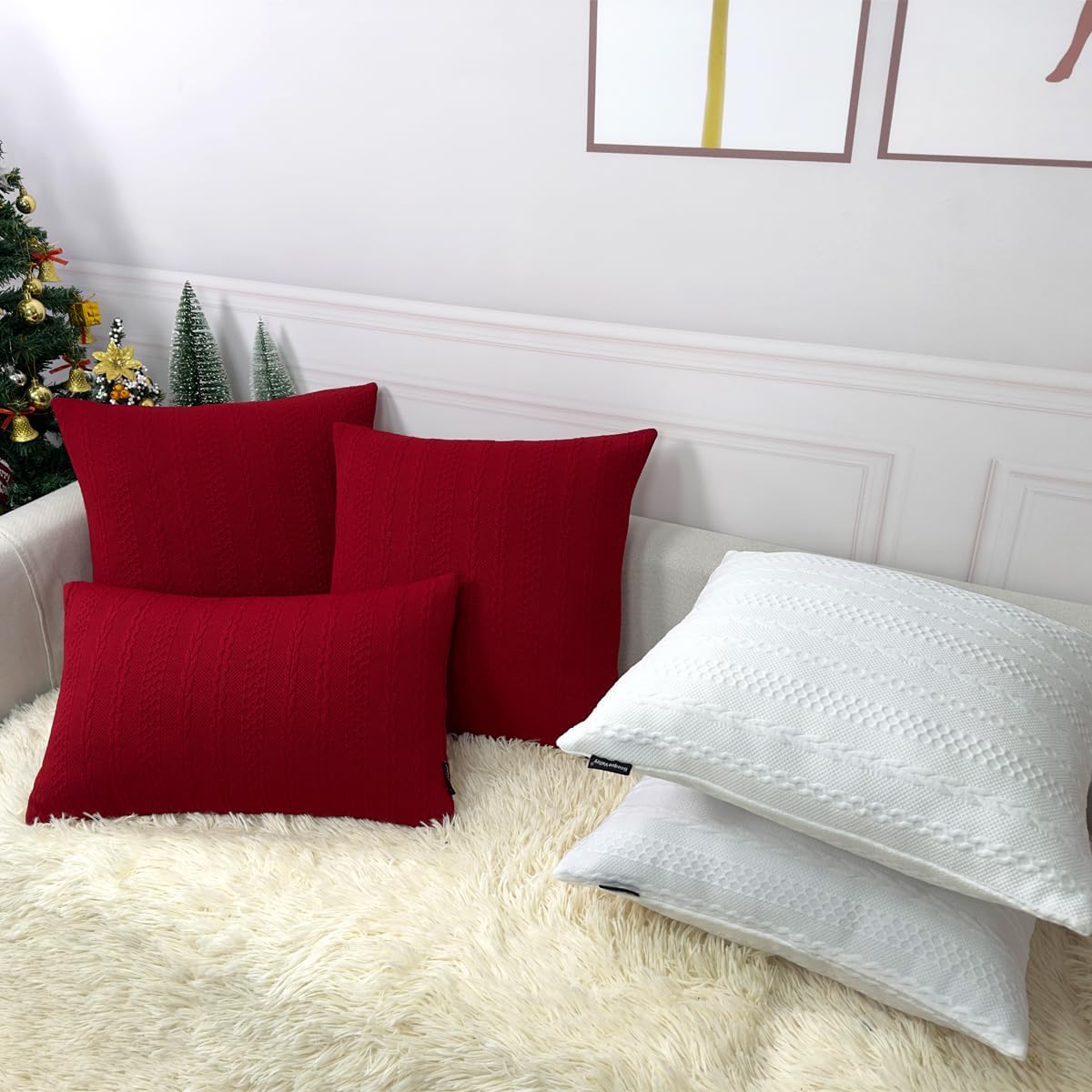 Booque Valley Fundas de almohada rojas navideñas, fundas de cojín decorativas, modernas, trenzadas, ultra suaves, elásticas, para sofá, dormitorio