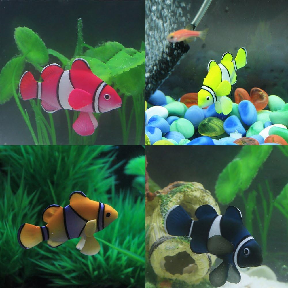 Bestgle Juego de adornos artificiales de silicona para acuario de payaso brillante, para pecera, 4 colores (rojo, verde, naranja y negro)
