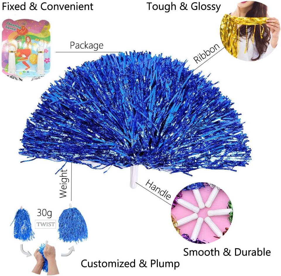 HOSTK 24PCS Cheerleading Poms Squad Spirited Fun Cheering Metallic Foil Plastic Pom with Baton Handle for Dance Party Football Club Decoration