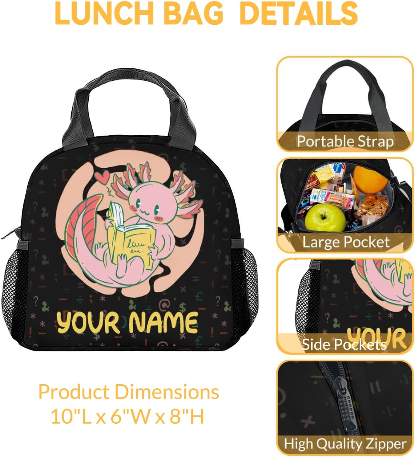 Axolotl – Lonchera reutilizable personalizada, bolsas de almuerzo con aislamiento medio con correa para el hombro, lonchera Kawaii para mujeres,