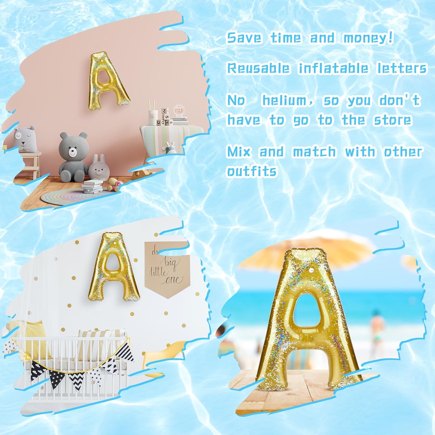 Flotador inflable de piscina de una sola letra, decoración de fiesta de piscina, letras flotantes de confeti para piscina, alfabeto dorado, balsas