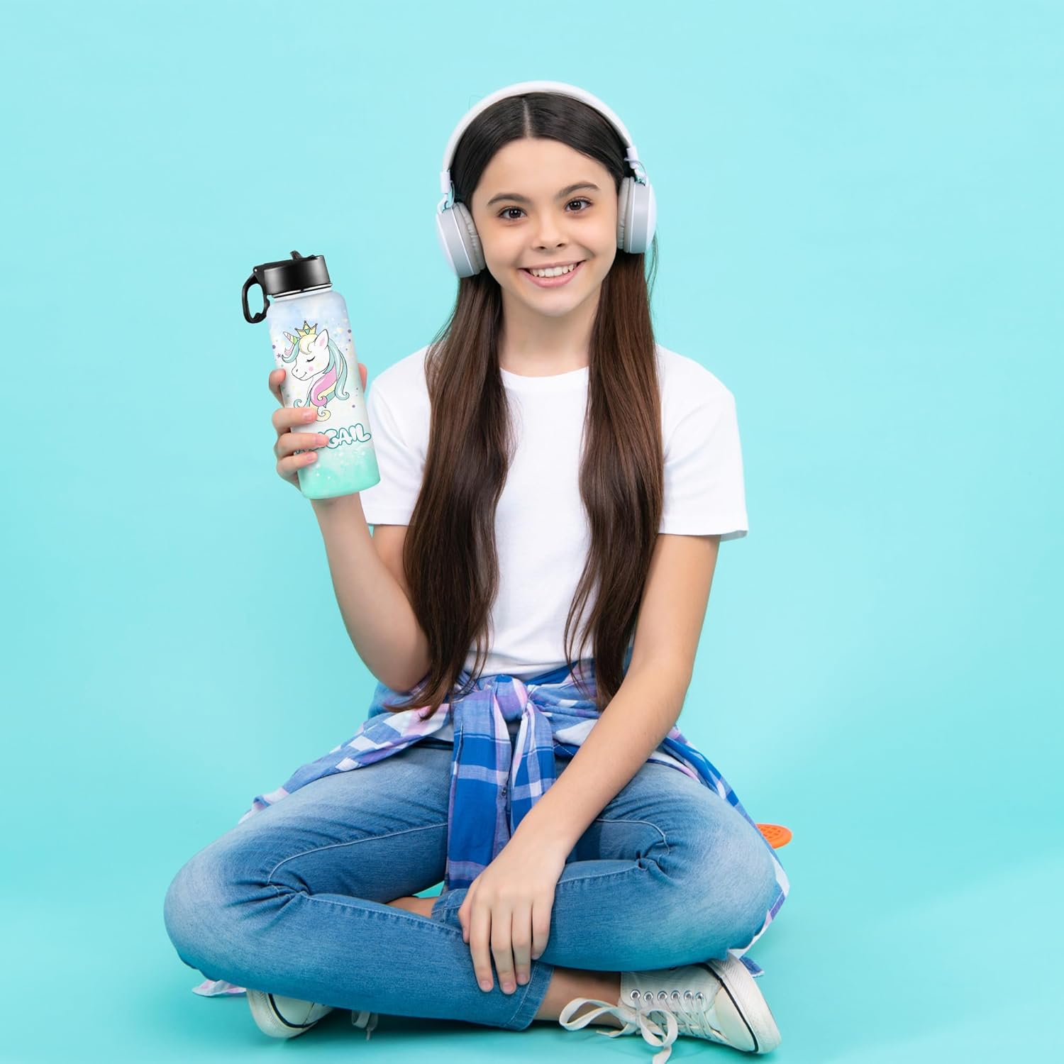 Botellas de agua personalizadas de acero inoxidable con tapa de pajilla, botella de agua de color degradado personalizada con taza de nombre para