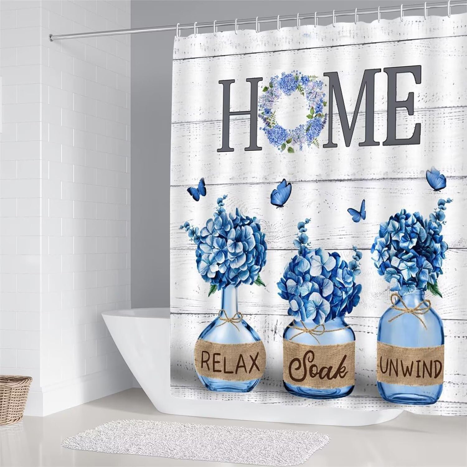 Juego de 4 cortinas de ducha de hortensias azules con alfombras, decoración del hogar, juego de baño con cortina de ducha y alfombras y accesorios,