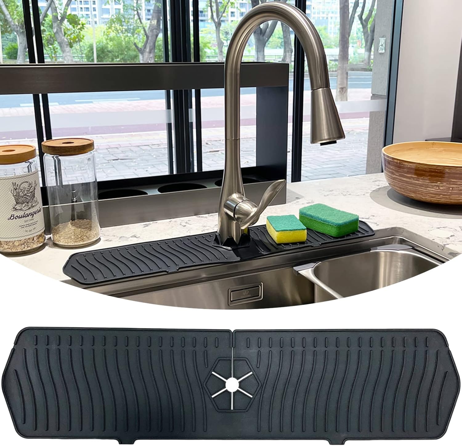 Tapete alargado de silicona con mango de grifo, protector contra salpicaduras de 24 pulgadas, protector de fregadero para cocina, tapete de secado