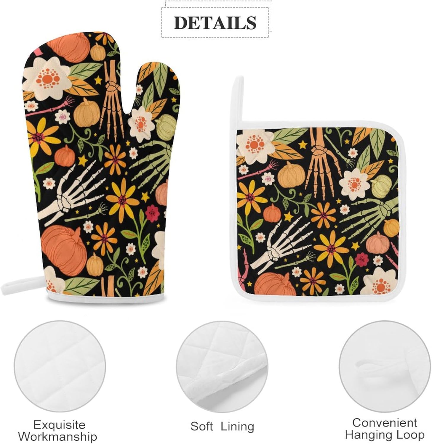 VKPSCHJ Juego de toallas de mano y guantes para horno, toallas colgantes y agarraderas, paquete de 6, toalla absorbente de calavera floral de
