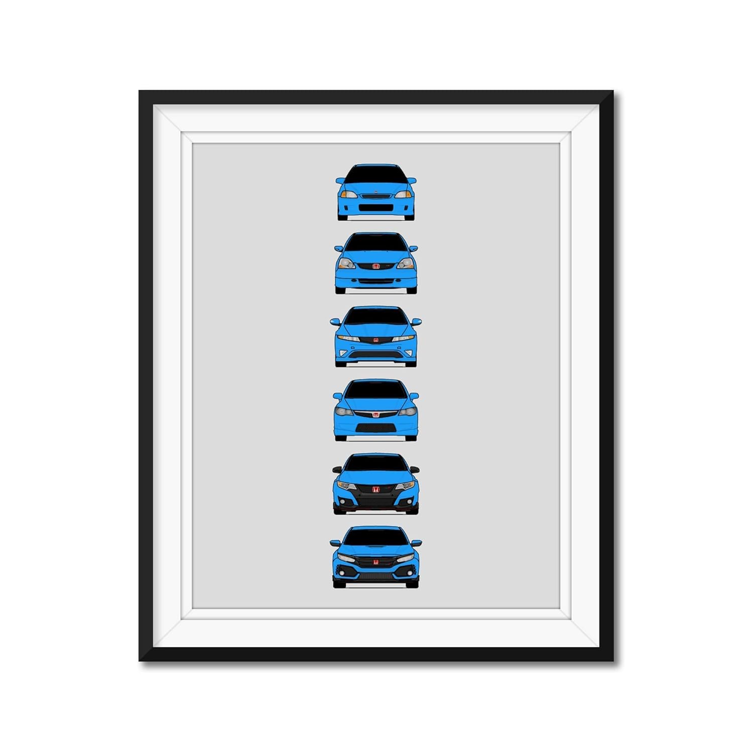 Honda Civic Type-R Generations Inspired Car Poster – Handmade Print of Civic Type R (EK9, EP3, FD2, FN2, FK2, FK8, FL5) – Black, 11×14″ Metallic