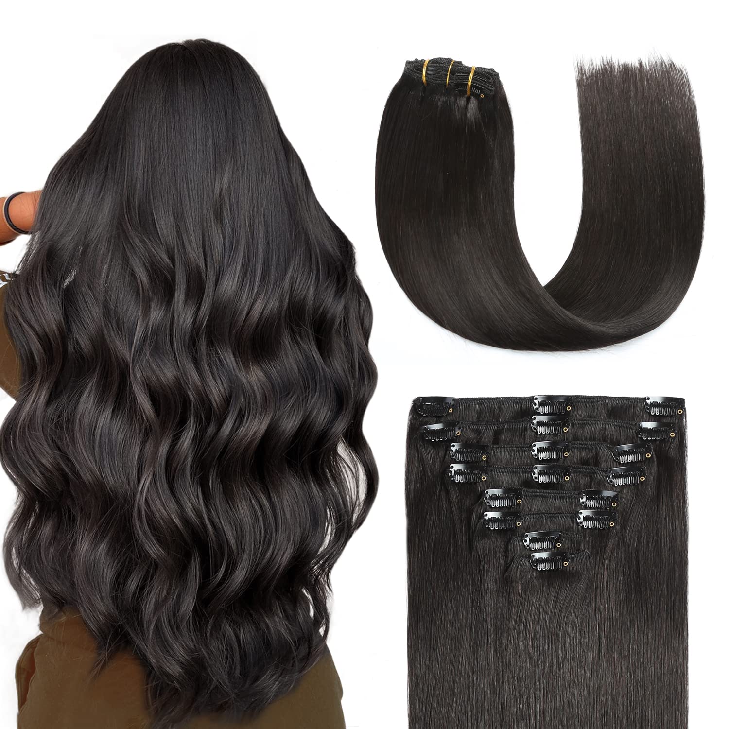 Sunya Extensiones de cabello humano real con broches, color negro natural, extensiones de cabello humano lacio de doble trama, 18 pulgadas, #1B, 8