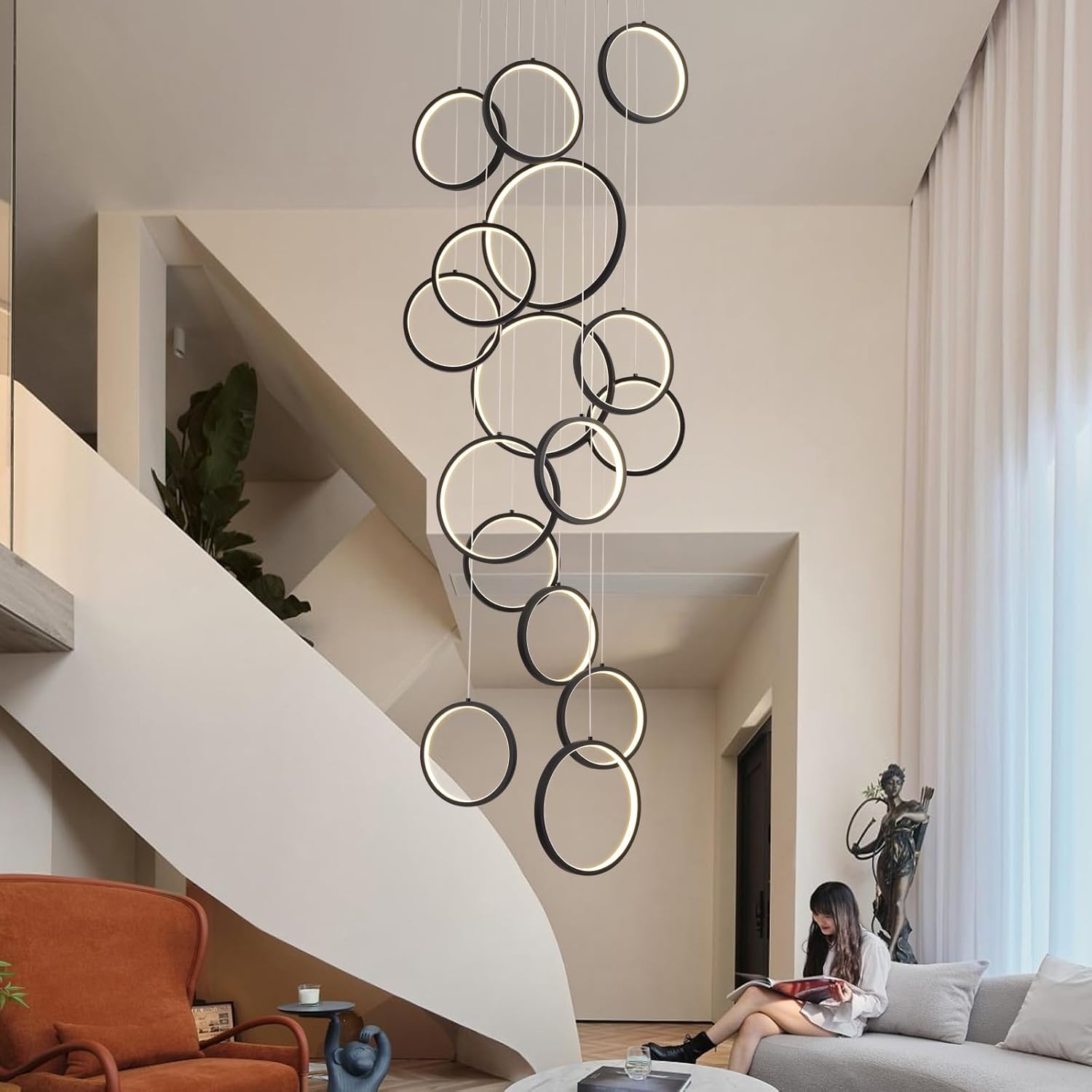 Modern Chandelier,Dimmable Black Chandelier with Remote Control 16 Rings Pendant Light Adjustable Height Hanging High Ceiling Light Fixture,for