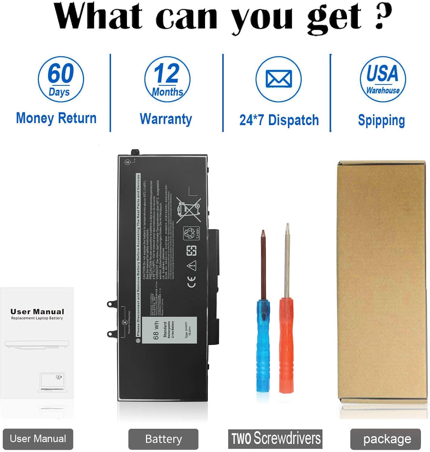Reemplazo de batería de 68Wh 3HWPP 15.2V para Dell Inspiron 17 7500 7506 7706 2 en 1 Negro Latitude 5401 5410 5411 5501 5510 5511 E5401 E5410 E5510