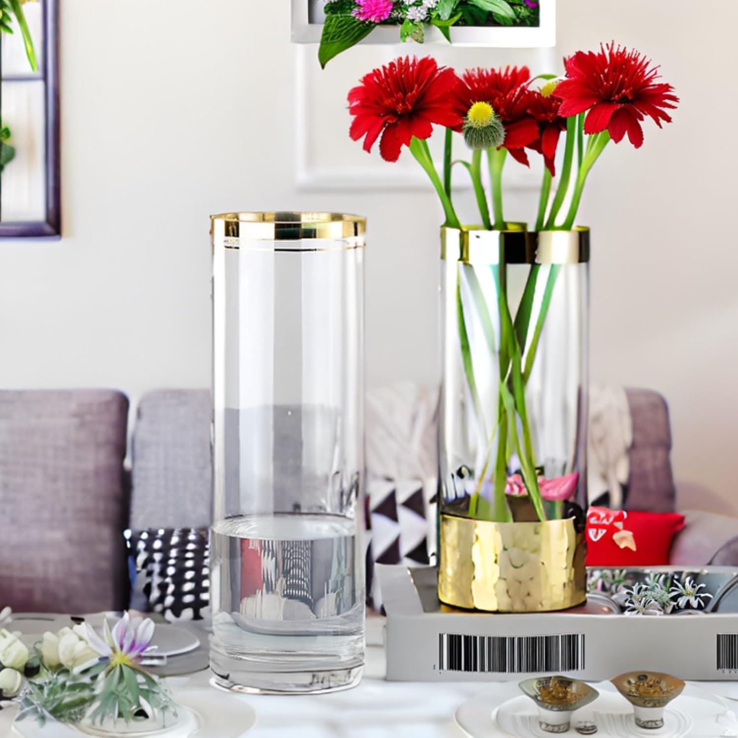 Jarrones altos para flores, centros de mesa, decoración de boda, sala de estar, regalo, florero cilíndrico de vidrio transparente, chapado en oro