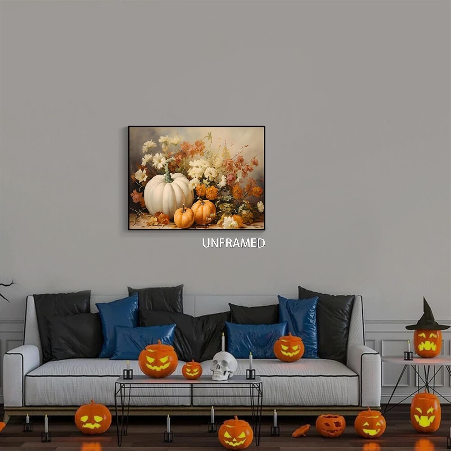 Wodkodnxy Lienzo decorativo para pared de otoño de granja, calabazas blancas y naranjas, cuadros de pintura de naturaleza muerta, carteles rústicos