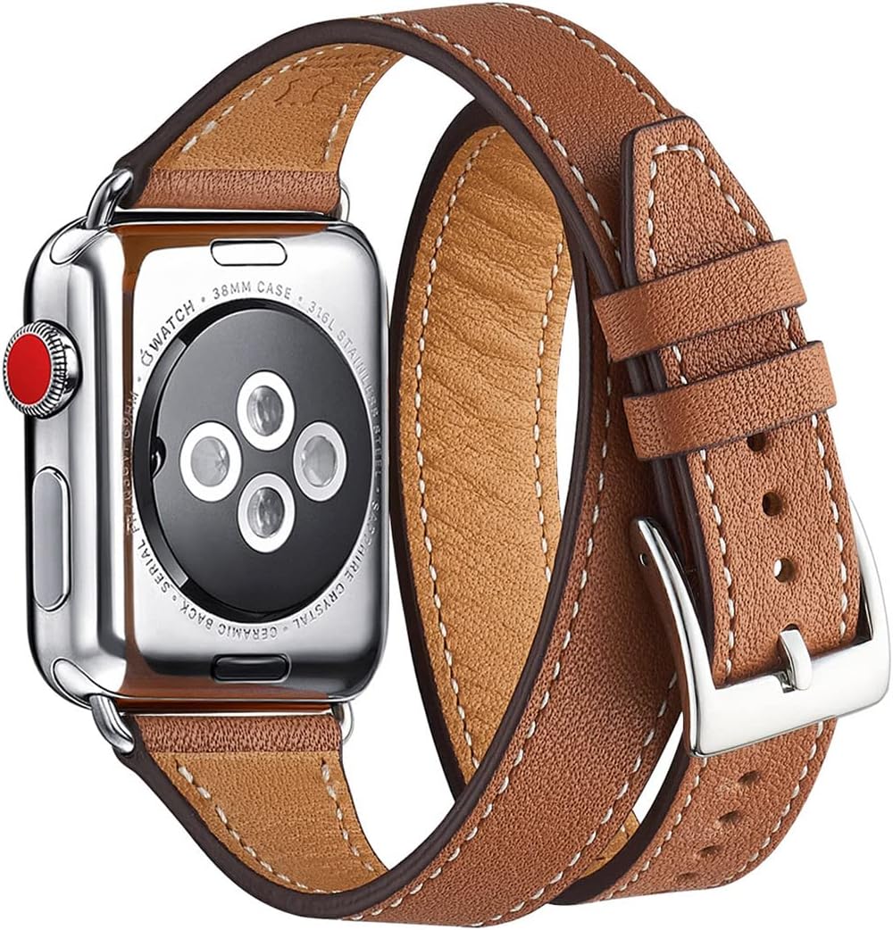 Bestig – Correa de repuesto para Apple Watch de 1.496pulgadas, 1.575pulgadas, 1.654pulgadas, 1.732pulgadas, de piel auténtica, diseño de doble tour,