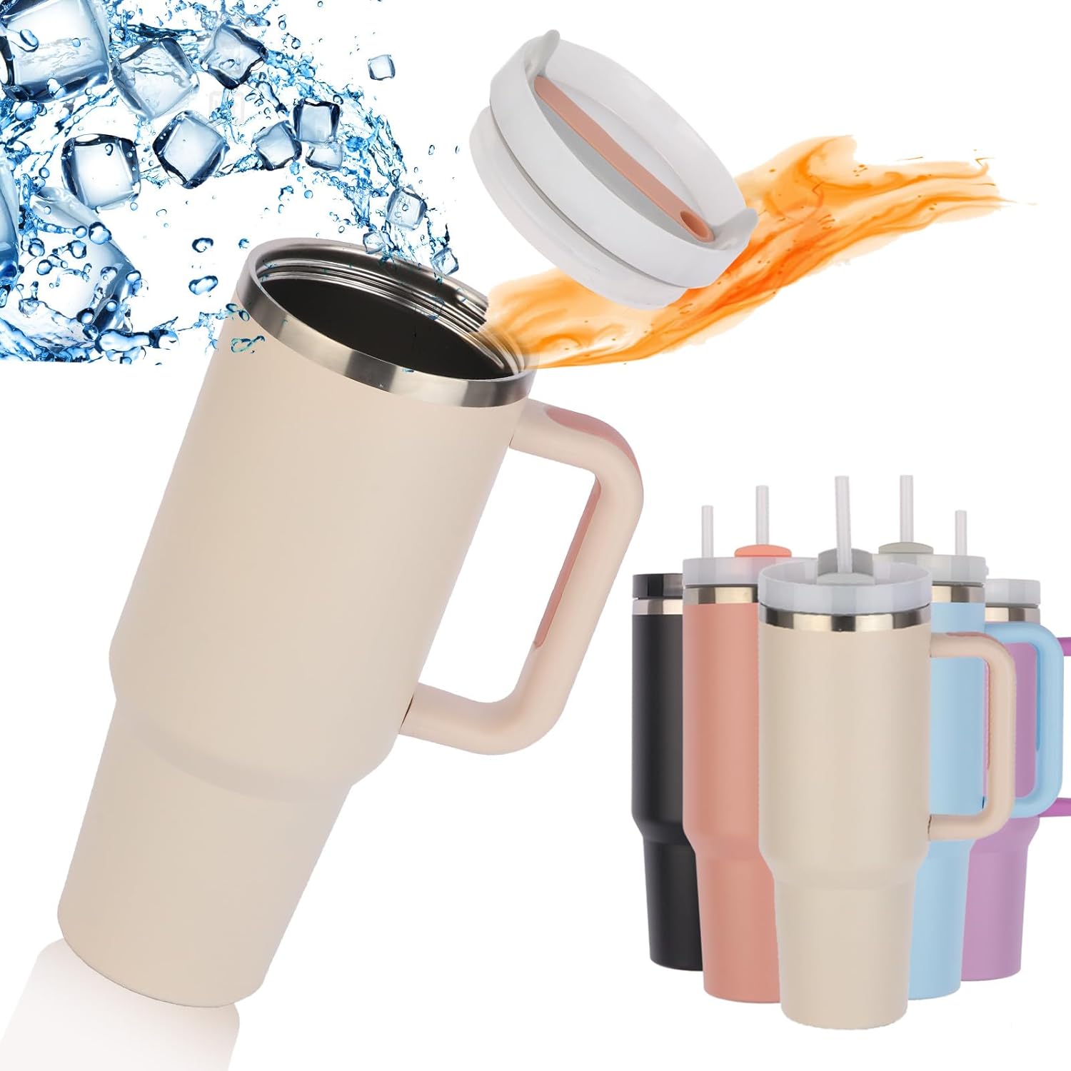 YTTL Vaso de 40 onzas con asa y popote, vaso aislado de 40.6 fl oz, reutilizable, acero inoxidable, aislamiento térmico, vaso a prueba de fugas,