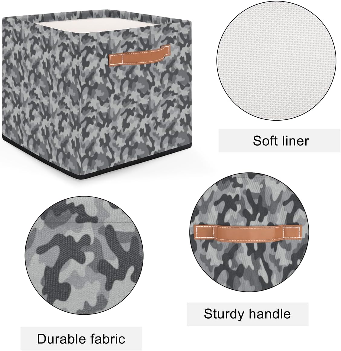 KOBLEN Modern Camouflage Square Storage Basket Collapsible Storage Box Clothes Basket 13×13 Inch Large Cube Storage Bin With PU Leather Handle for