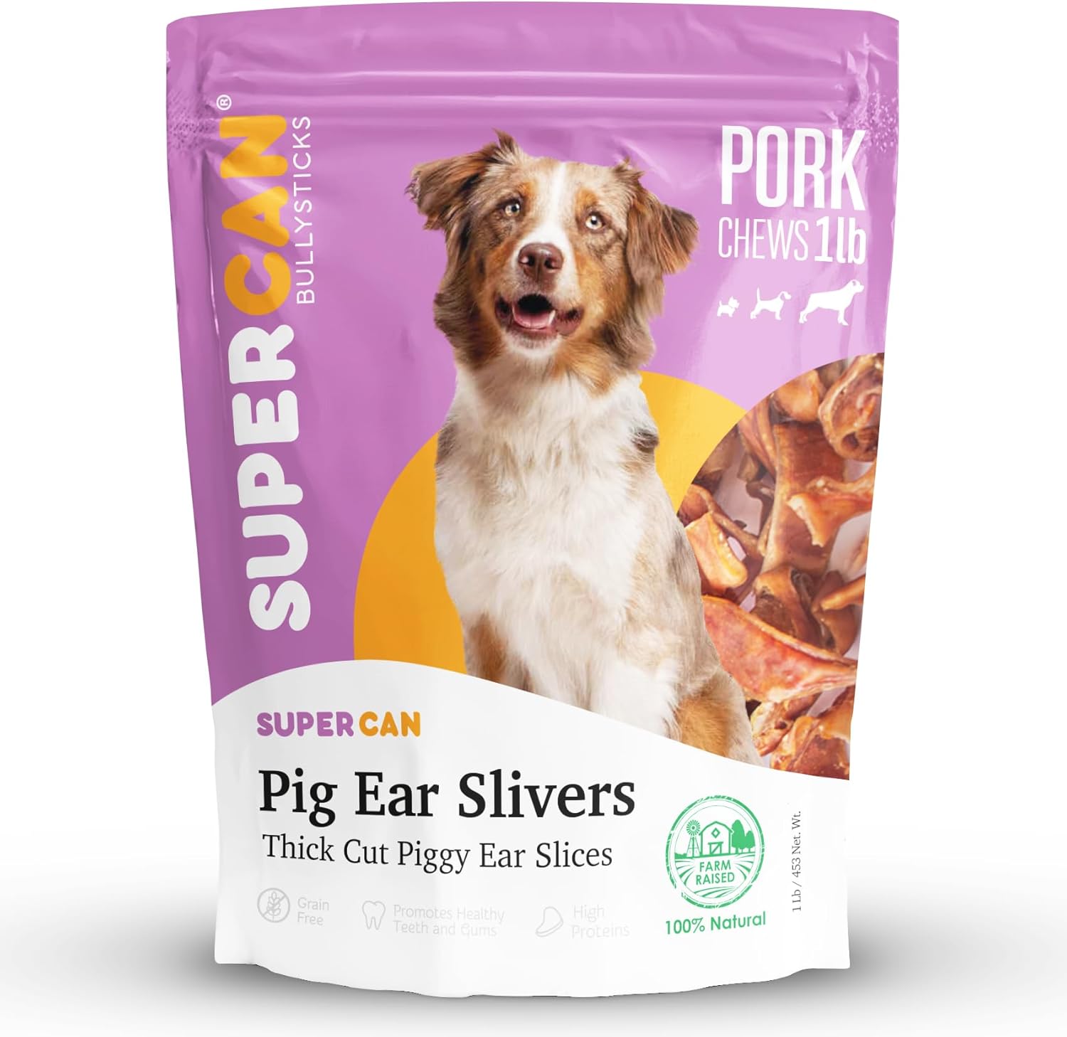 SUPER CAN BULLYSTICKS Supercan – Orejas de cerdo para perros (1 libra), golosinas naturales para perros, golosinas saludables para perros, astillas