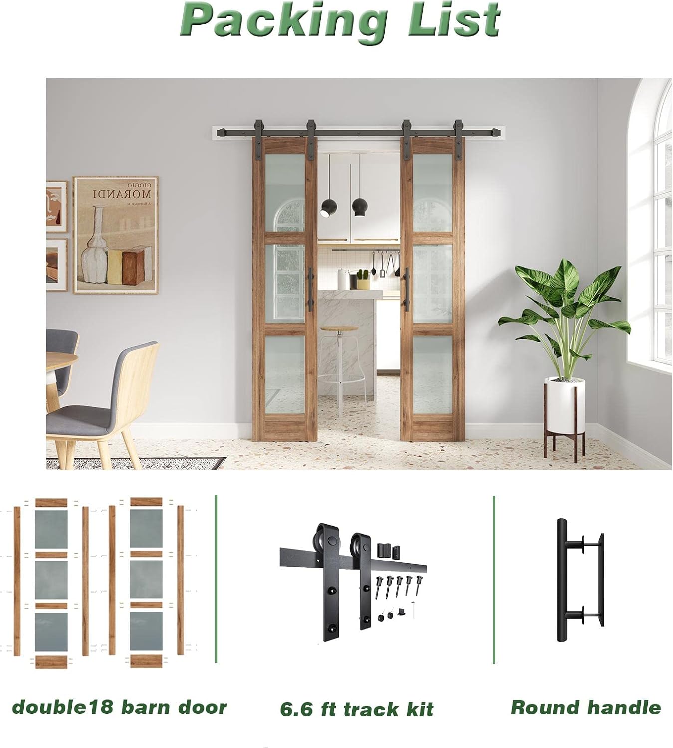 Puertas de granero de vidrio dobles de 18 x 84 pulgadas, puerta de granero de 36 pulgadas con kit de herramientas de 6.6 pies y mango incluidos,