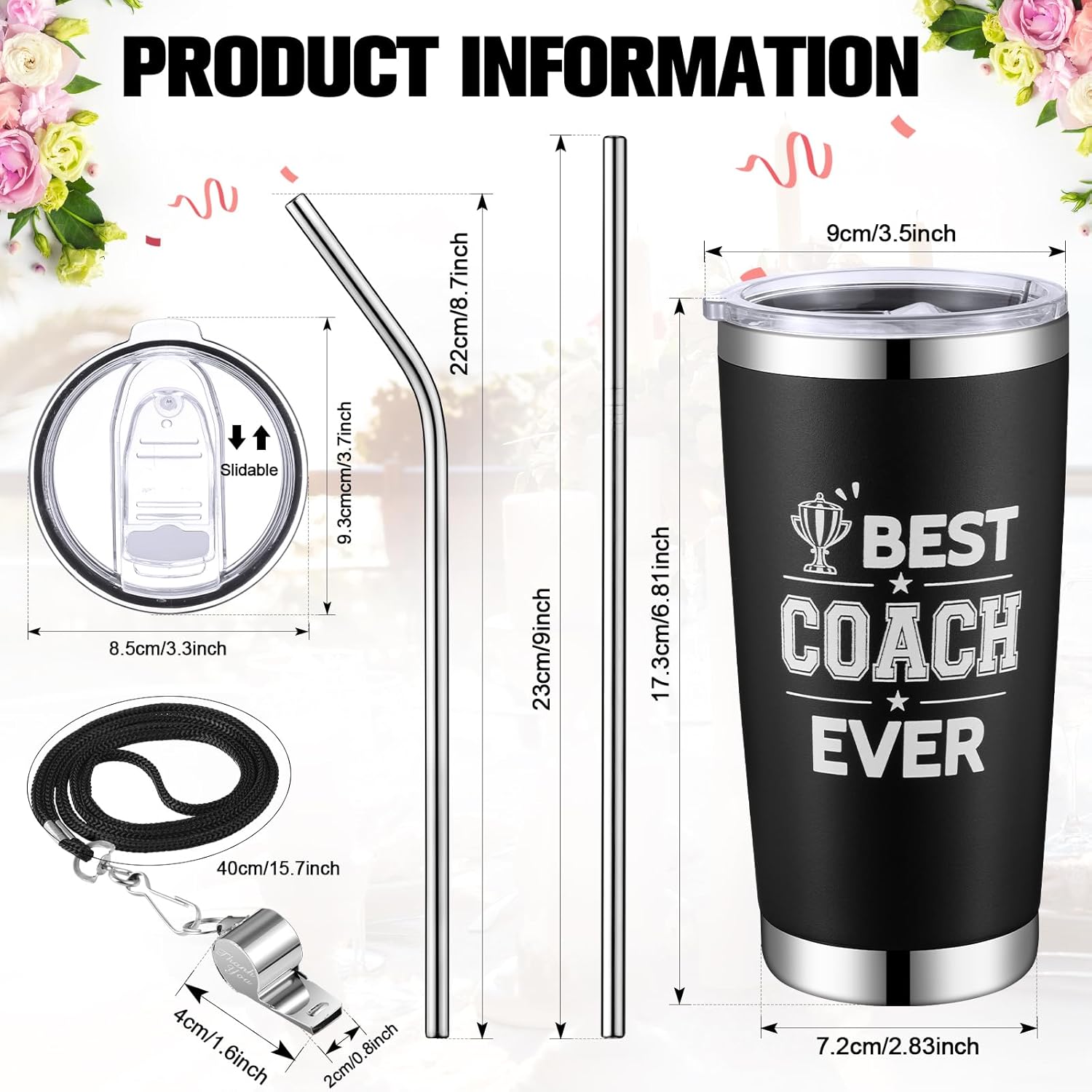 Didaey Juego de 3 juegos de regalos para entrenador Best Coach Ever, 20 onzas con silbato y pajitas, vaso de viaje de acero inoxidable para Navidad,
