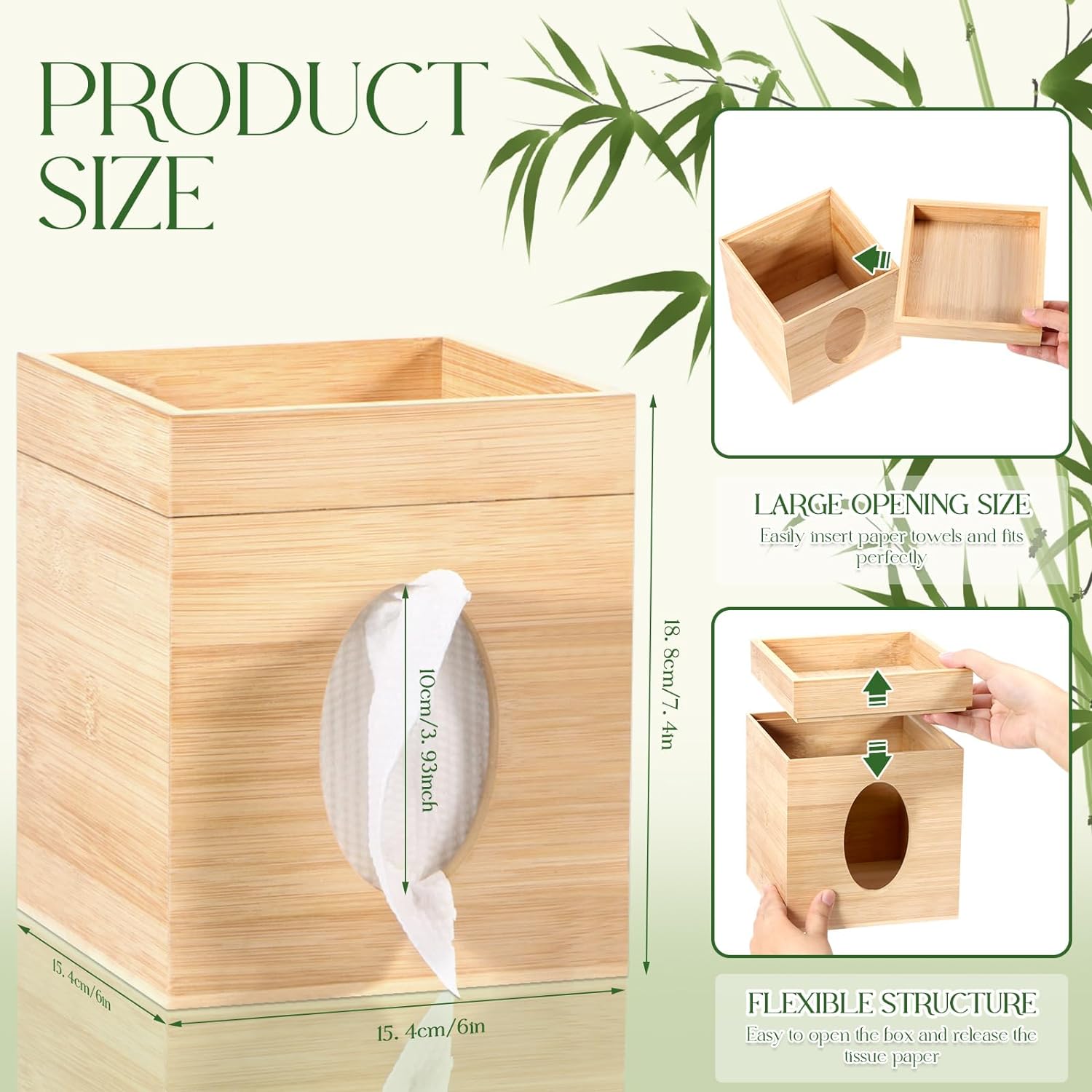 Funda para caja de pañuelos, cubierta de bambú para caja de pañuelos con bandeja de almacenamiento, cubierta cuadrada para caja de pañuelos para