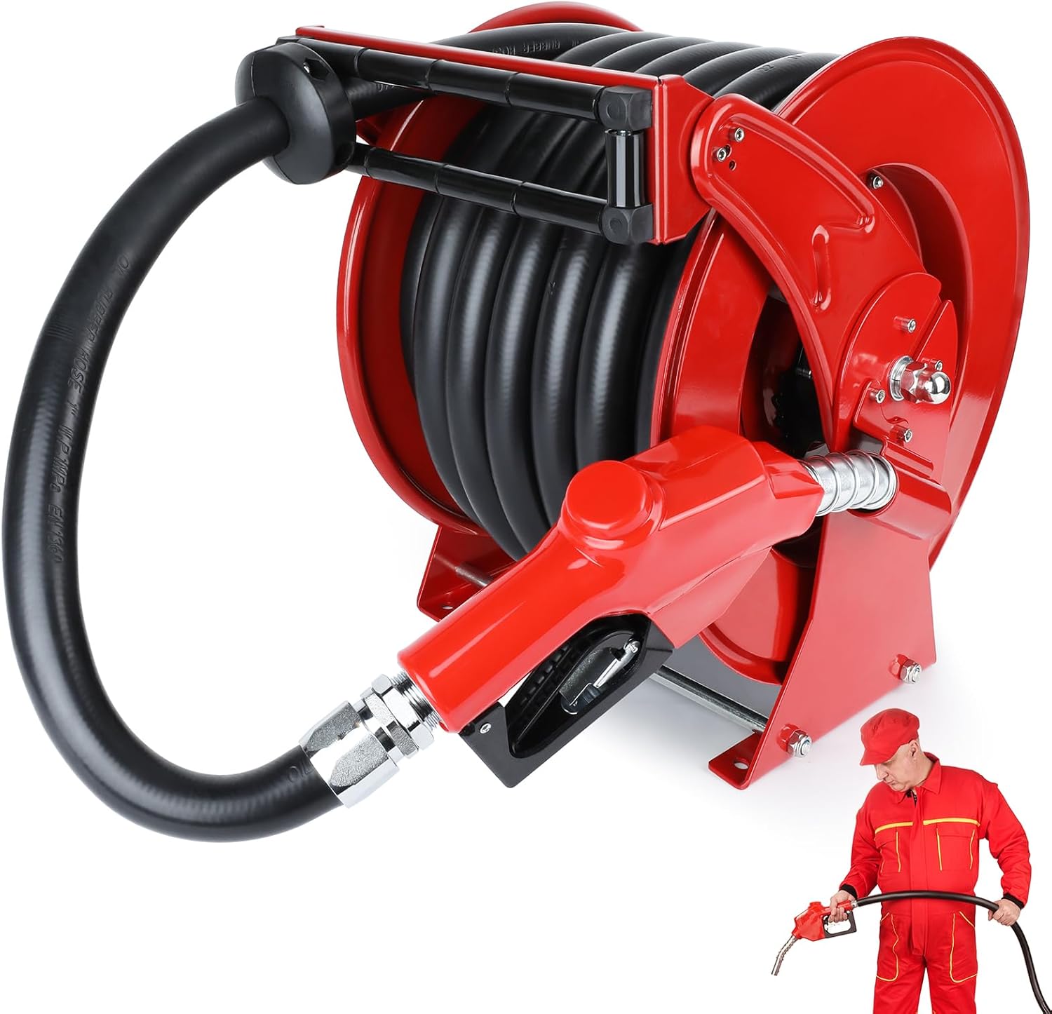 Carrete de manguera de combustible con boquilla de combustible, carrete de manguera diésel retráctil extra largo de 1 pulgada x 50 pies, carrete de