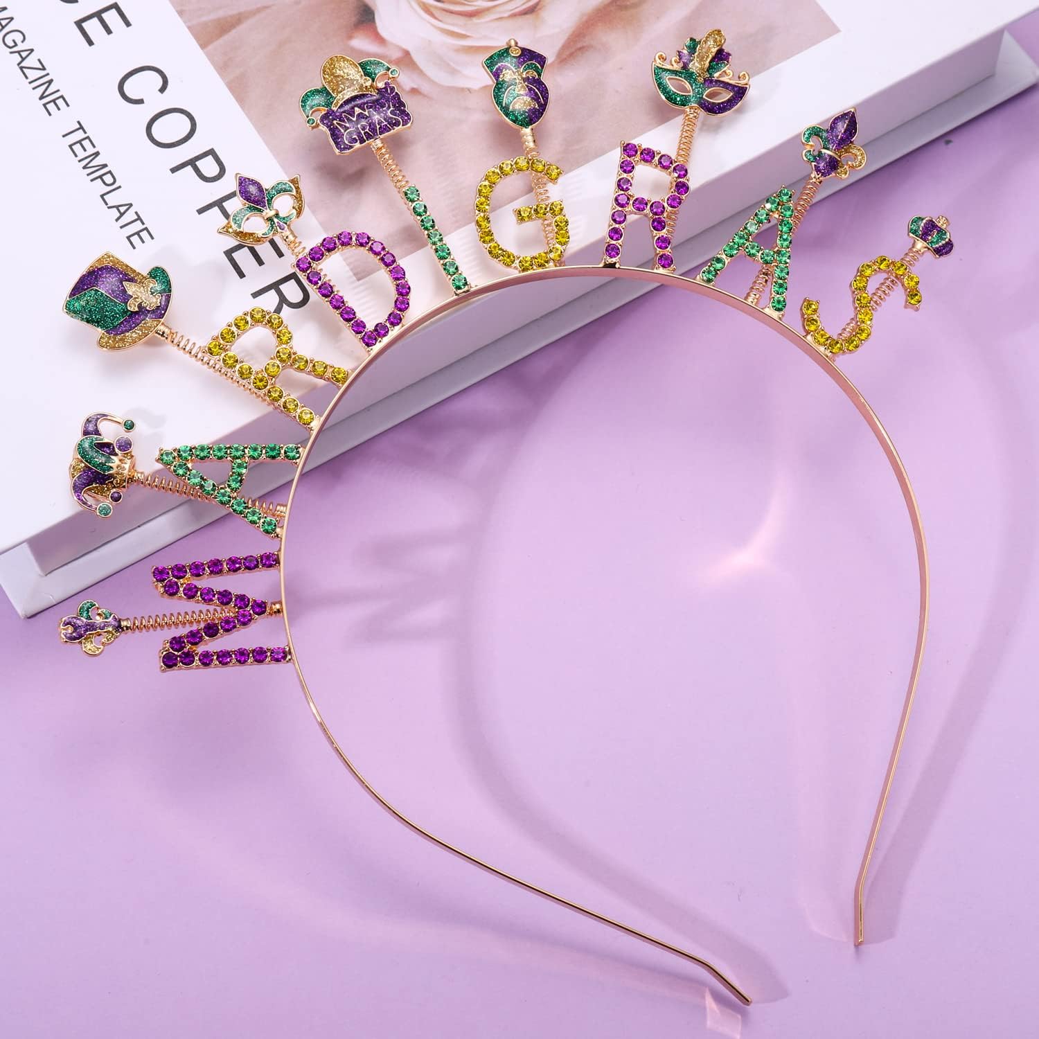 Diadema de Mardi Gras para mujer, máscara de flor de lis, diadema con diamantes de imitación, letra MARDI GRAS, gordo martes, carnaval, desfile,