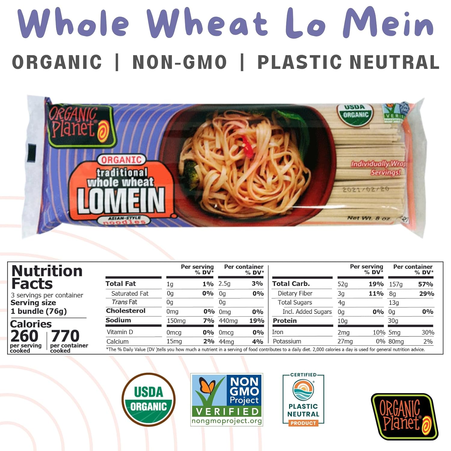 Organic Planet Fideos Lomein de trigo integral, sin OMG, orgánicos, veganos, asiáticos, 8 onzas (paquete de 1)