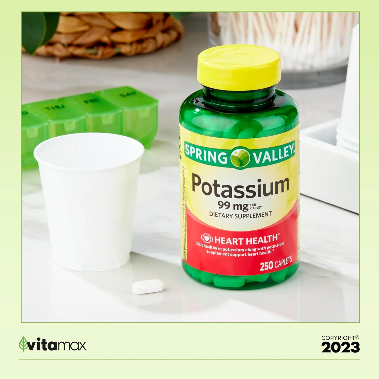 Suplemento dietético Spring Valley Potasio para la salud cardíaca, 99 mg, 250 unidades (suministro para 8 meses) + guía exclusiva de vitaminas