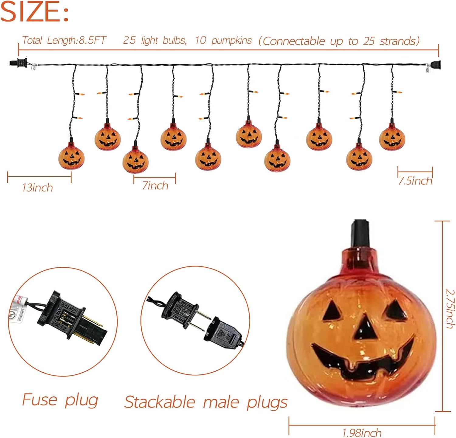 Luces de otoño y Halloween enchufables de 7 pies de largo, 25 unidades, mini cortina de luces con 10 unidades de Halloween, farol Jack O Lantern,