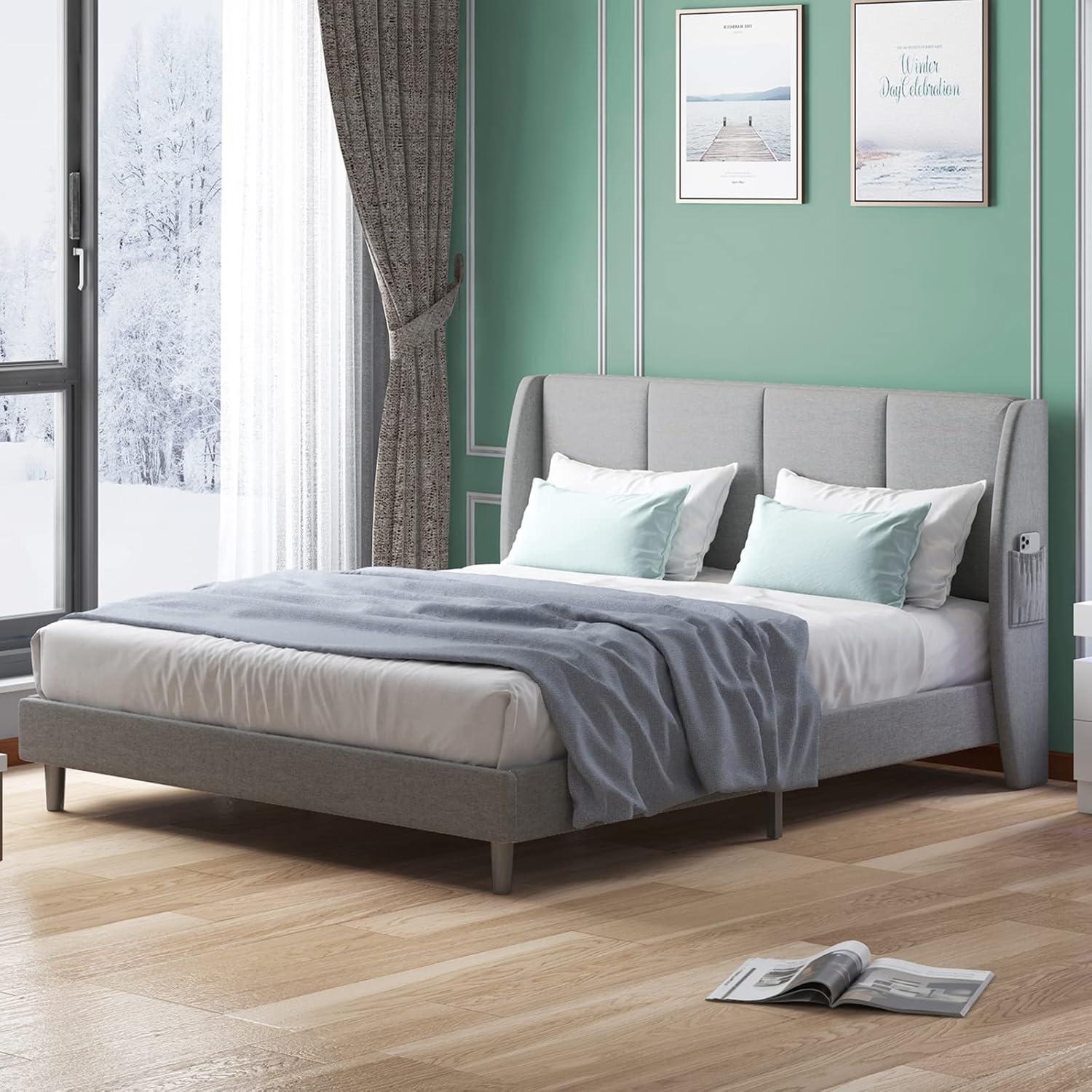 Mjkone Base de cama con cabecera de ala, marco de cama Queen y bolsillos laterales de almacenamiento, base de colchón resistente con listones de