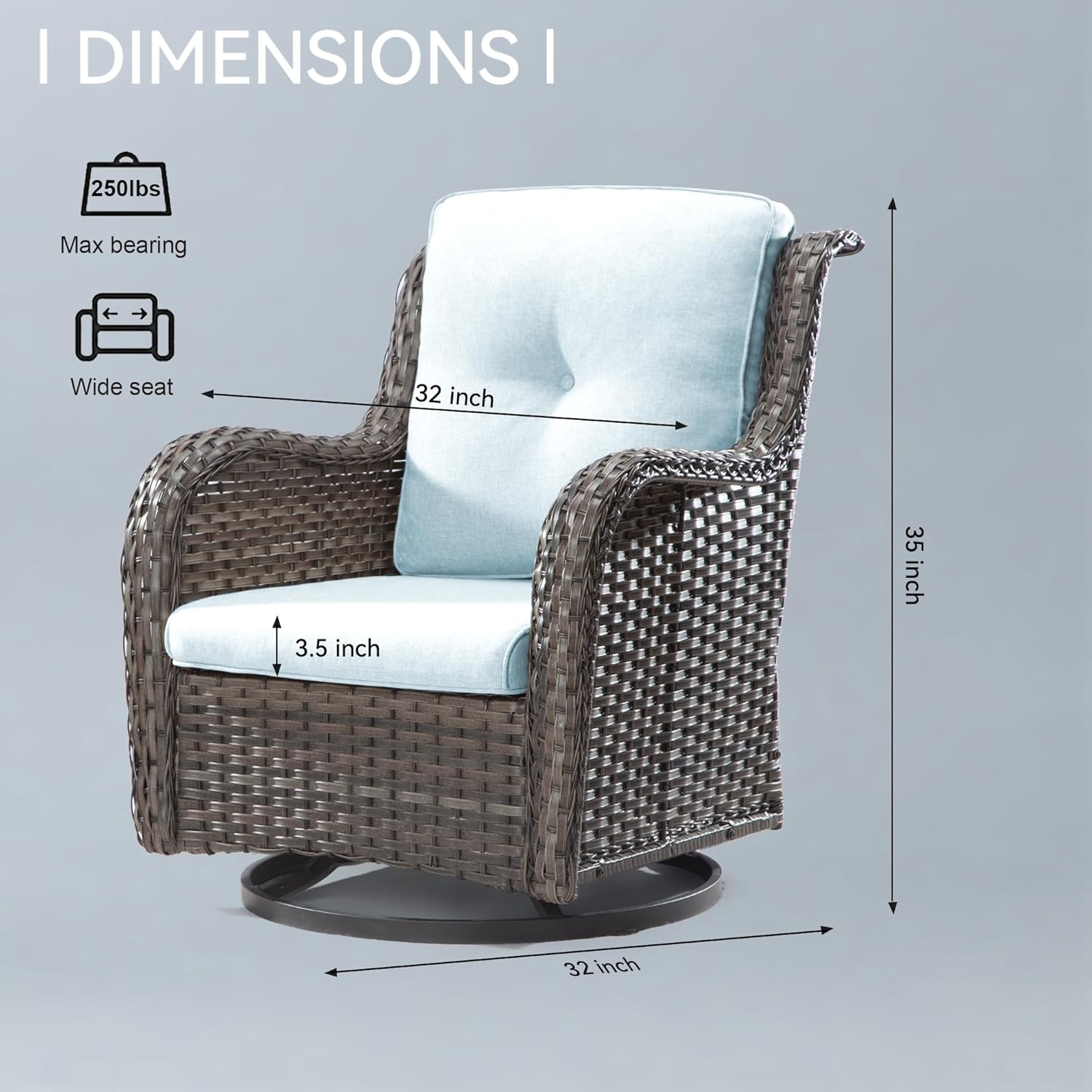 Silla giratoria para patio al aire libre, juego de conversación de mimbre para patio al aire libre con cojines de tela de olefina adecuados para