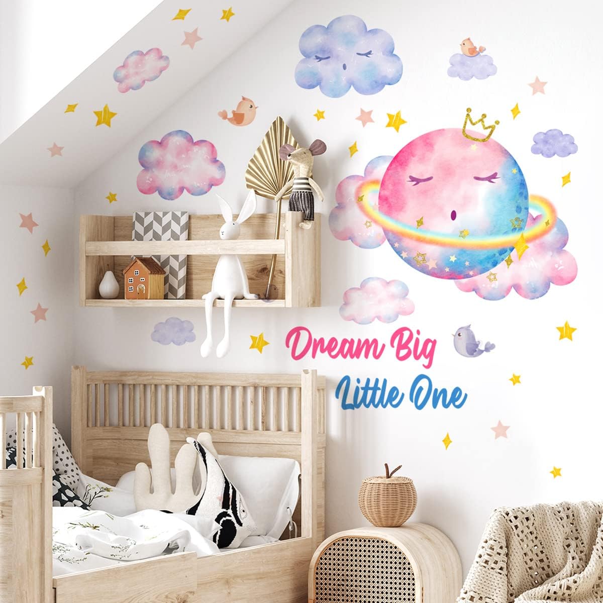 Dream Big Little One Planet – Calcomanías de pared para niños, coloridas estrellas de nube, calcomanías de pared para dormitorio de niñas, sala de