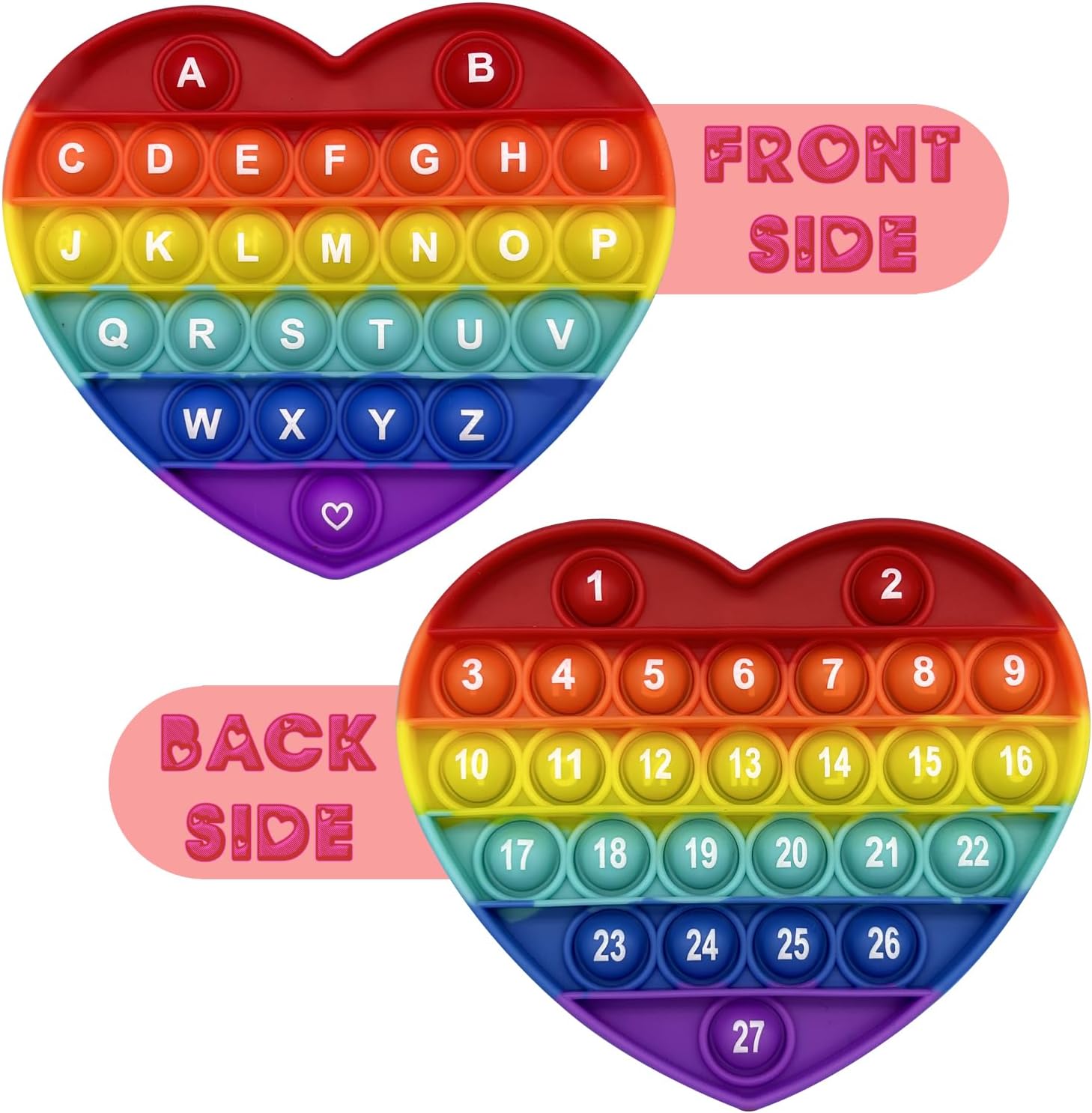 PETBSNVB Juguete antiestrés de burbujas con forma de corazón arcoíris con letras y números, regalo de Navidad, juguete sensorial con alfabetos, para