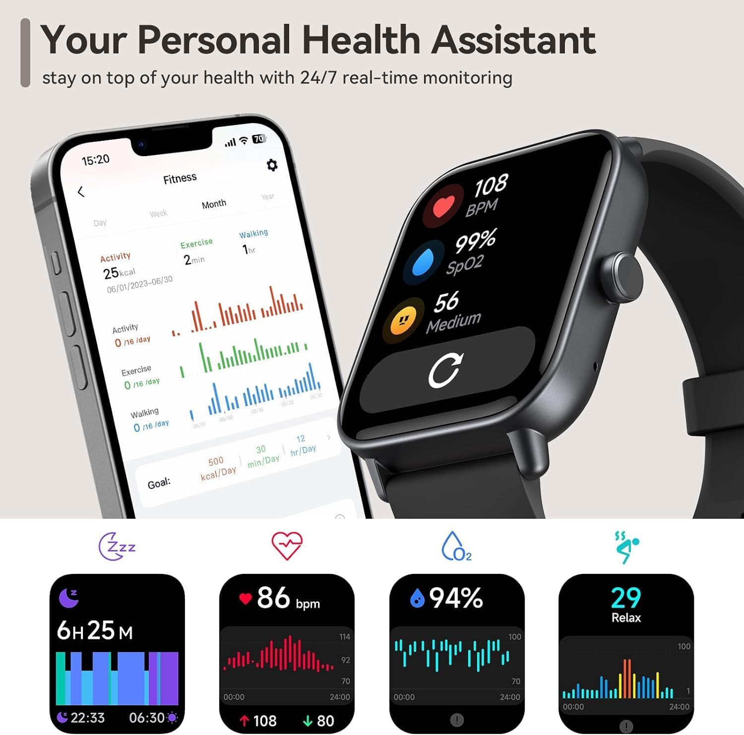 aeac Reloj inteligente para Android e iOS, reloj de fitness de 1.8 pulgadas con Alexa, llamadas Bluetooth, monitor de frecuencia cardíacasueño,