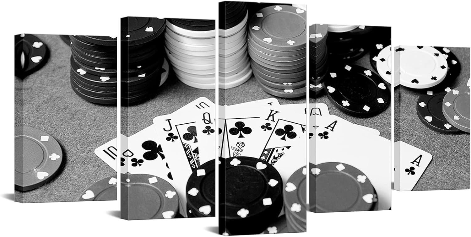 LevvArts – 5 impresiones en lienzo de póquer en blanco y negro, arte de pared para decoración de pared de pub, bar, casino, estirado y enmarcado,