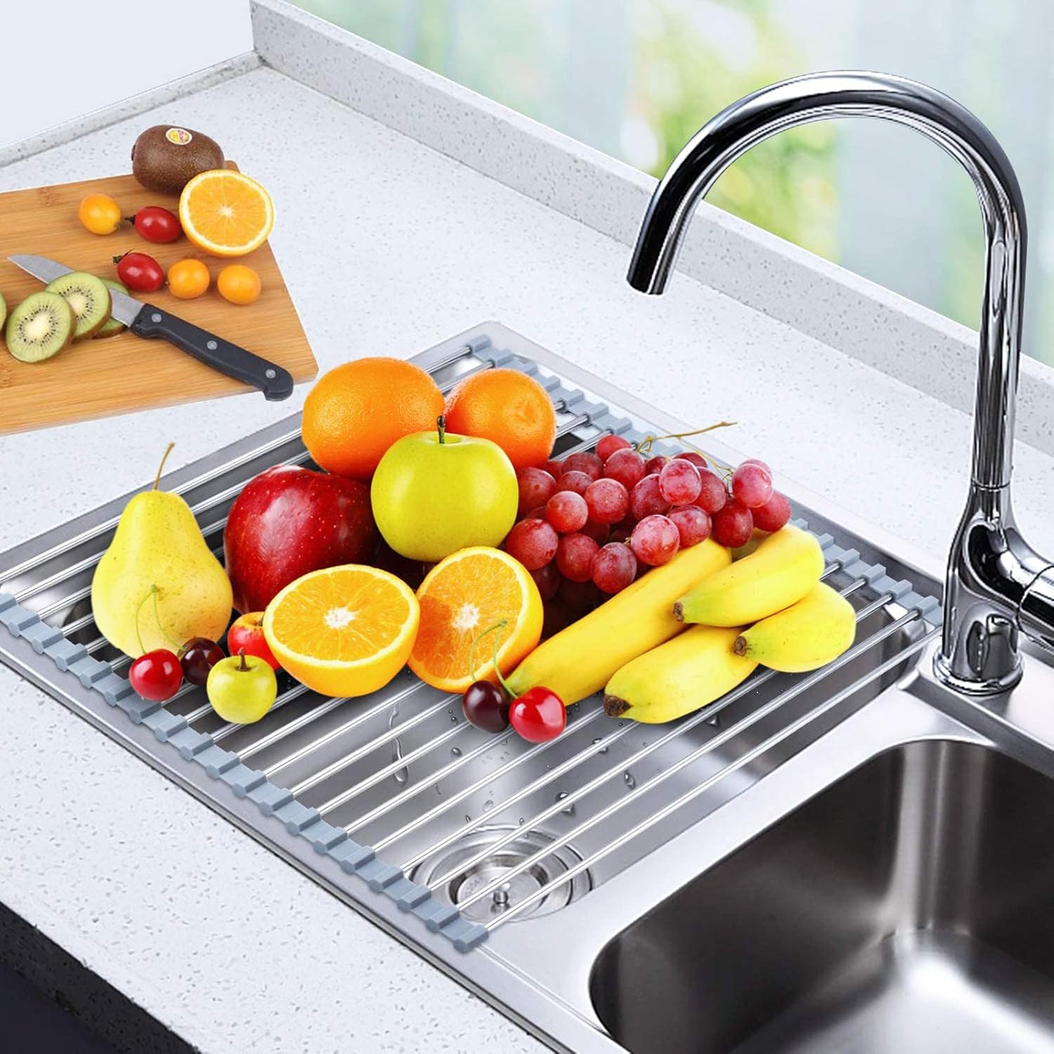 Searik Escurridor de platos enrollable para fregadero sobre el fregadero, escurridor de platos multiusos de acero inoxidable, resistente al calor,