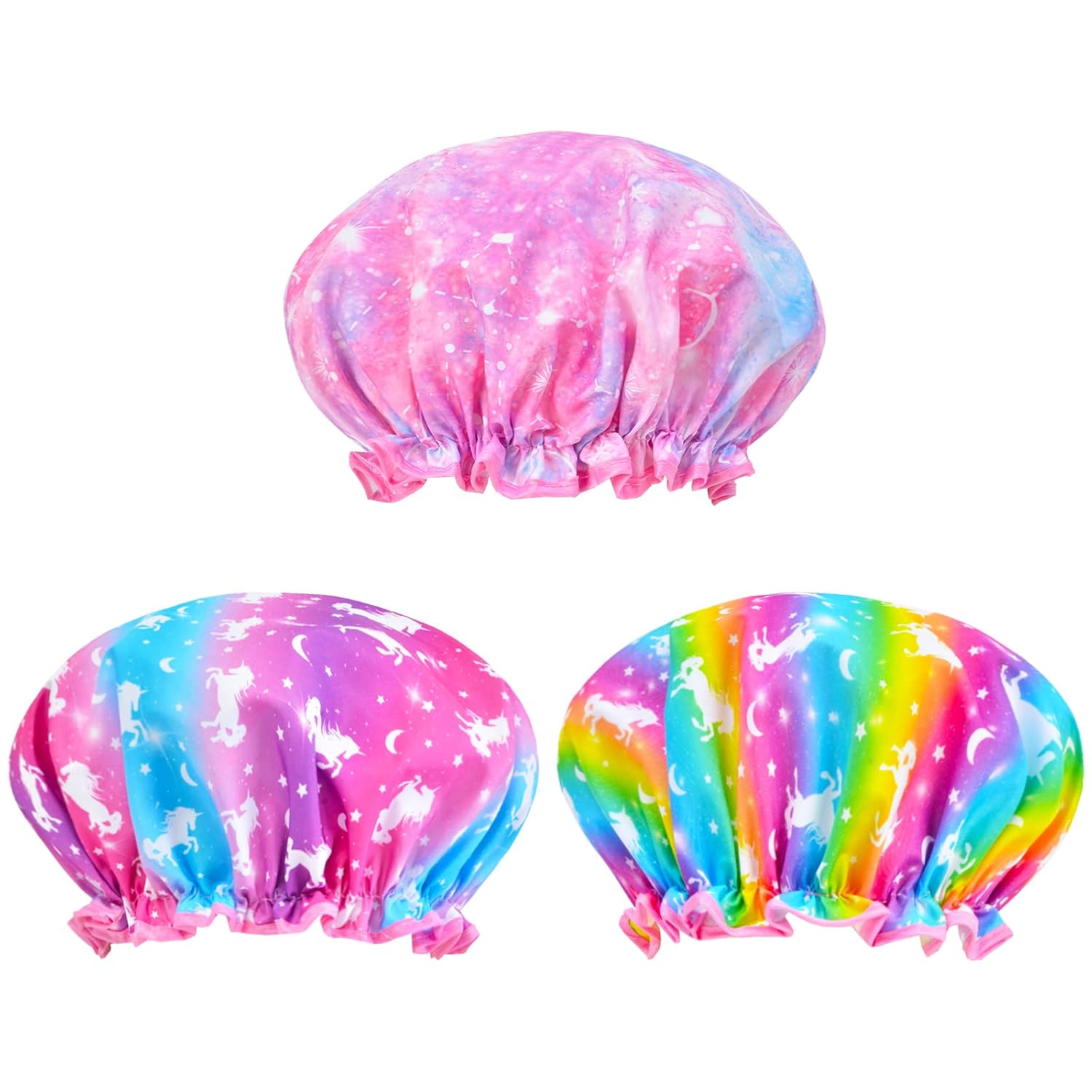 Gorro de ducha para niños, 3 piezas para niñas, bonito gorro de pelo de arco iris con banda elástica ancha, gorro de ducha de plástico reutilizable,
