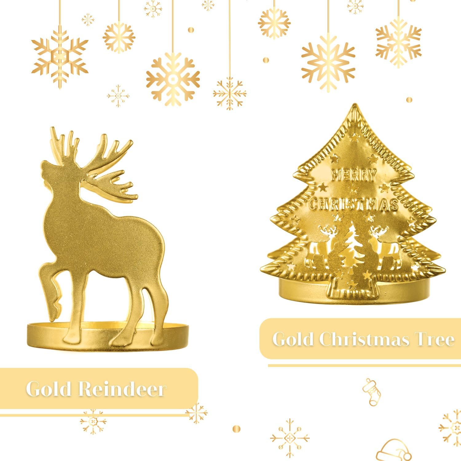 Portavelas de Navidad, decoración de mesa rústica pequeña con elegante diseño de reno dorado, juego de 3 portavelas de pilar mental, centros de mesa