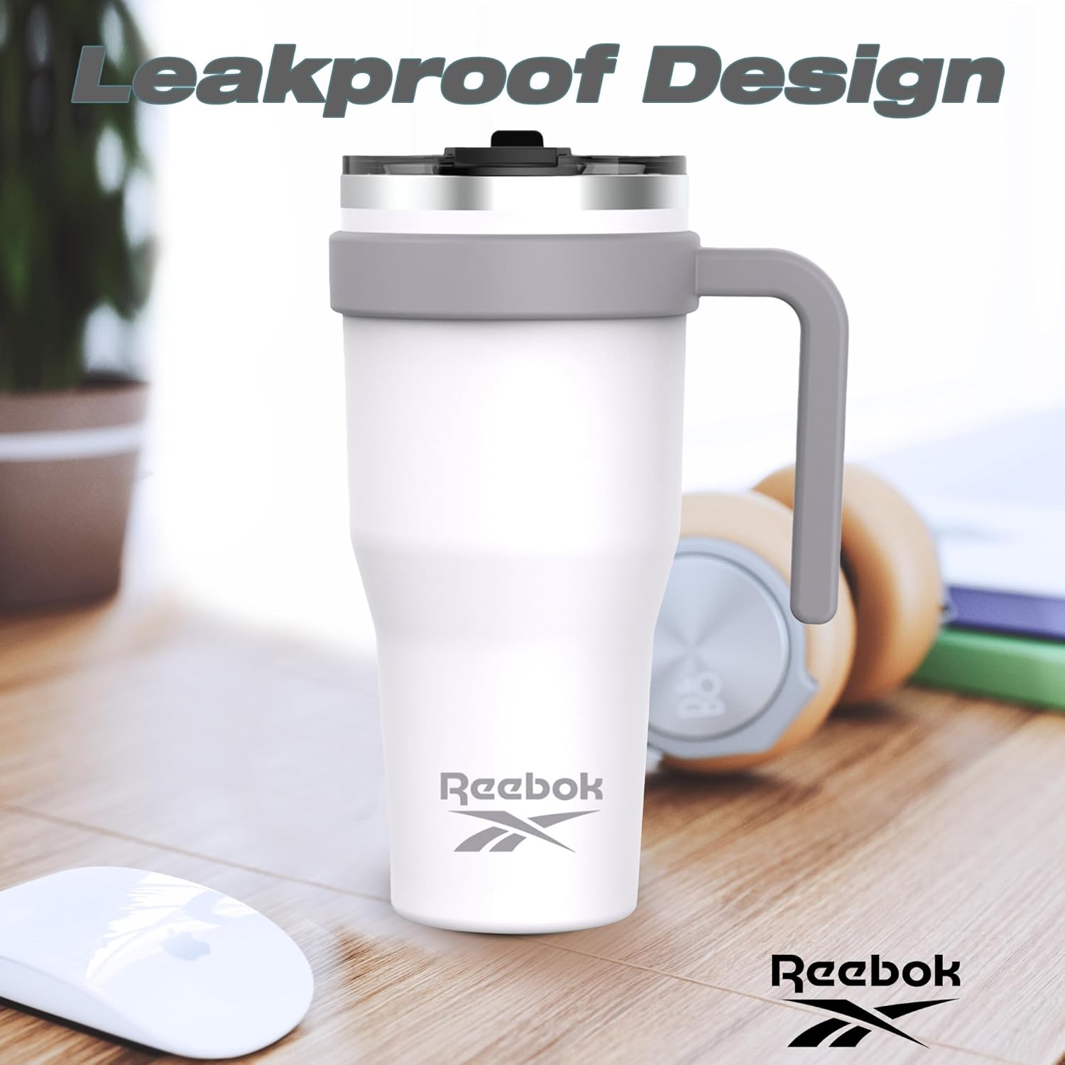 Reebok Vaso de acero inoxidable con asa, vaso de 40 onzas, dos tonos, vaso de doble pared aislado al vacío, vaso a prueba de fugas para hombres y