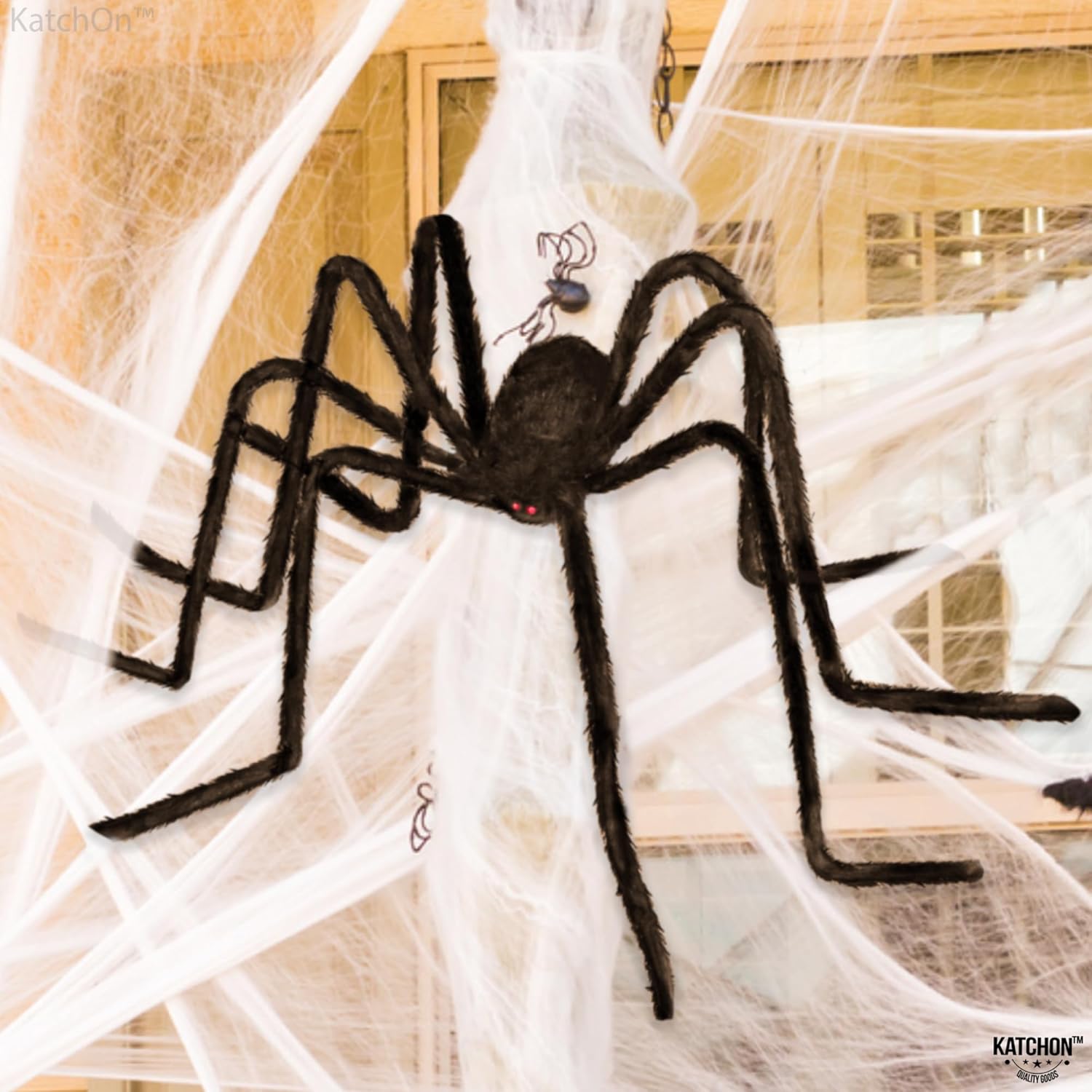 Katchon, Decoraciones de Halloween de araña gigante, paquete de 2, telaraña triangular de Halloween para exteriores, cuerda de telaraña, decoración