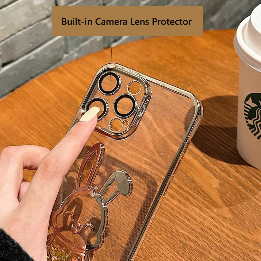 Funda compatible con iPhone 15 Pro Max con protector de lente de cámara para mujeres y niñas, de lujo, galvanizado, transparente, con purpurina