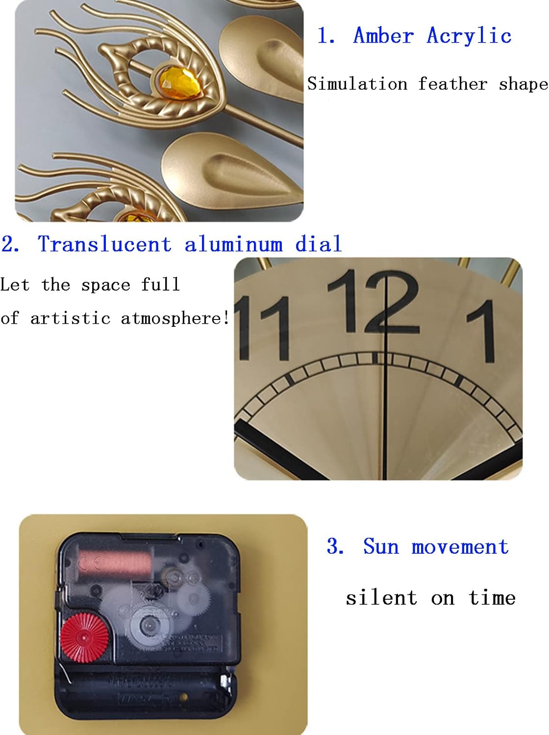 Relojes de pared para decoración de sala de estar, reloj de pared dorado silencioso con pilas, sin tictac, para dormitorio, cocina, retro, pavo