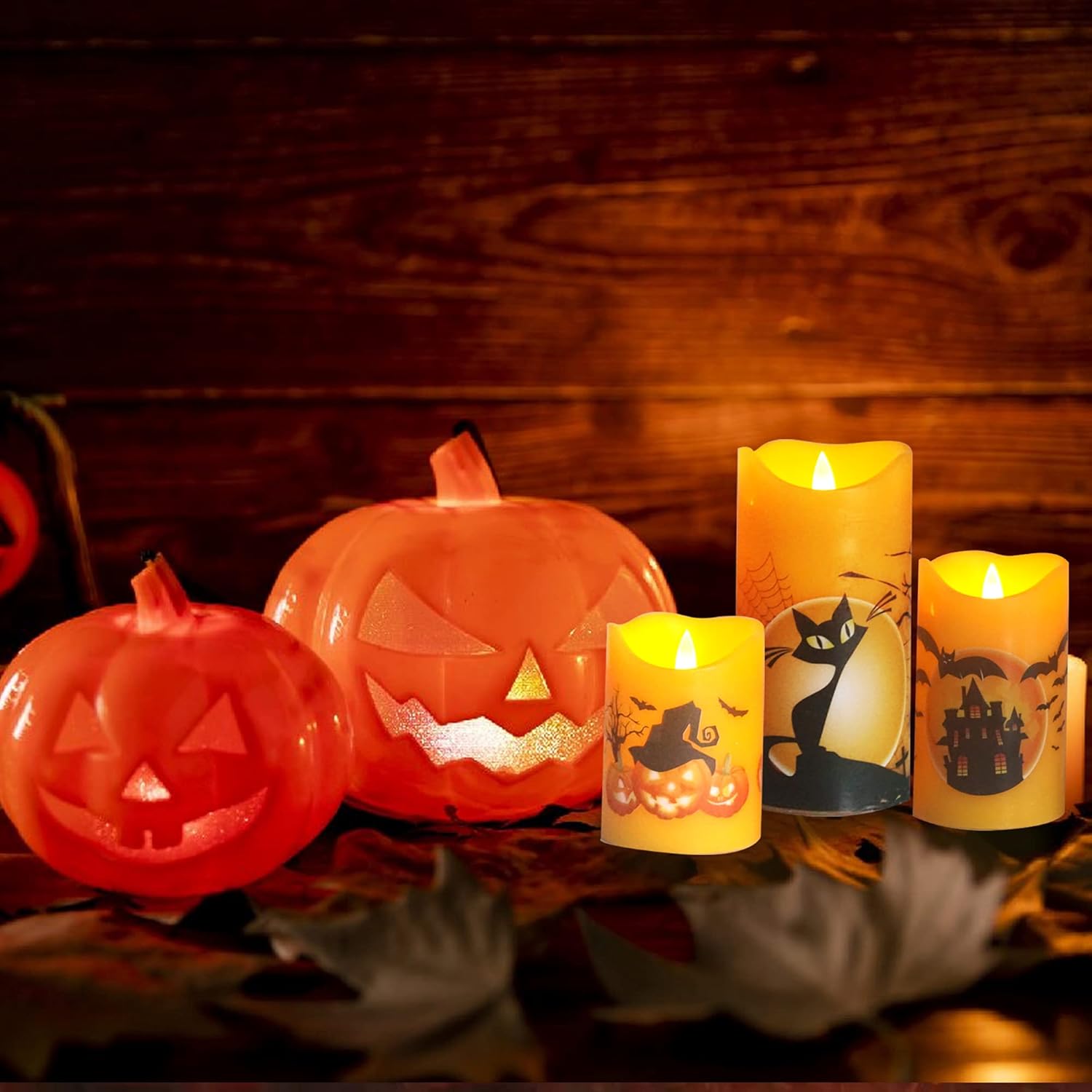 7LinRay Velas parpadeantes sin llama de Halloween con control remoto y temporizador, velas LED de cera real que funcionan con pilas, con calabaza,