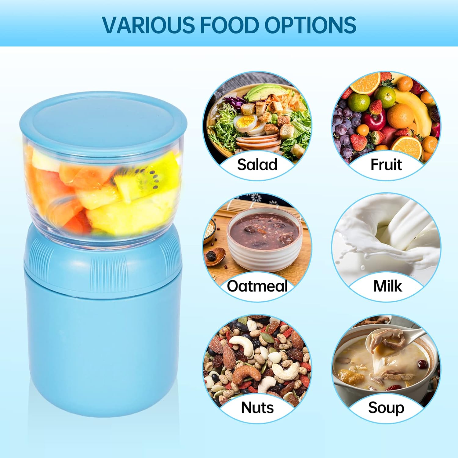 Blue – Juego de 3 soportes unisex para comidas, polipropileno y acero inoxidable, incluye cuenco para cereales, taza de leche y cuchara, apto para