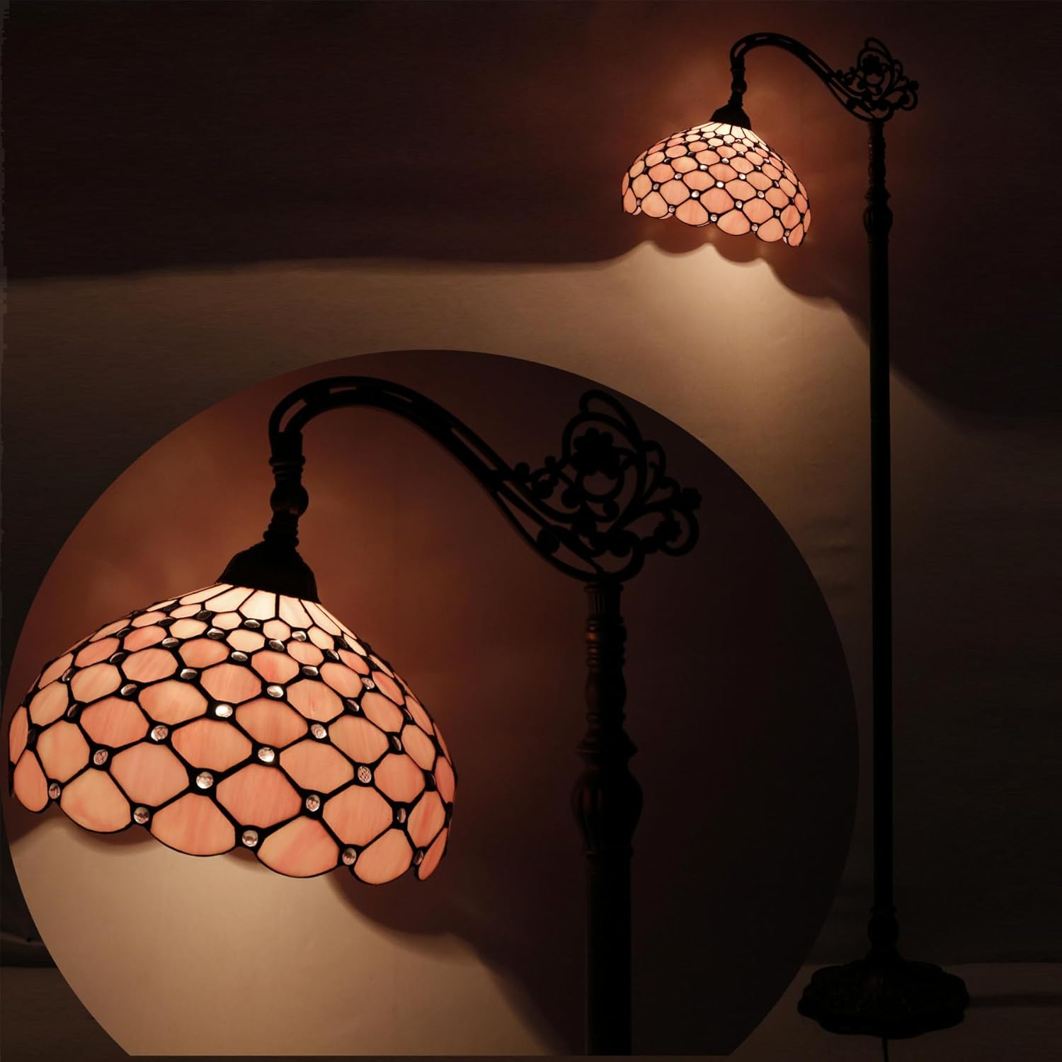 WERFACTORY Tiffany – Lámpara de pie con cuentas de perlas de color rosa, 12 x 18 x 64 pulgadas, cuello de cisne ajustable, luz de lectura para