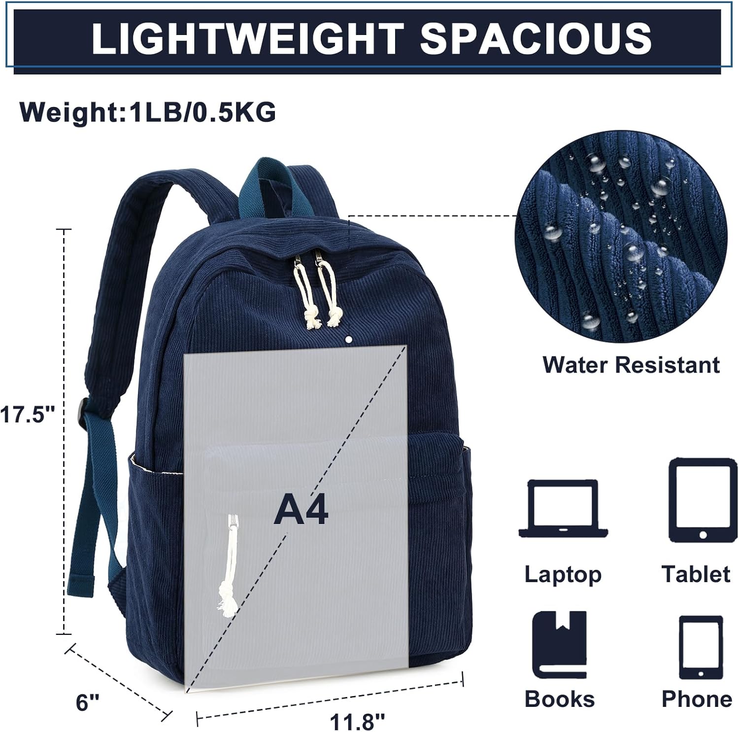 Bluboon Mochila para niña y mujer, mochila escolar para computadora portátil, mochila de viaje, mochila floral, Pana Azul, Mochila de pana