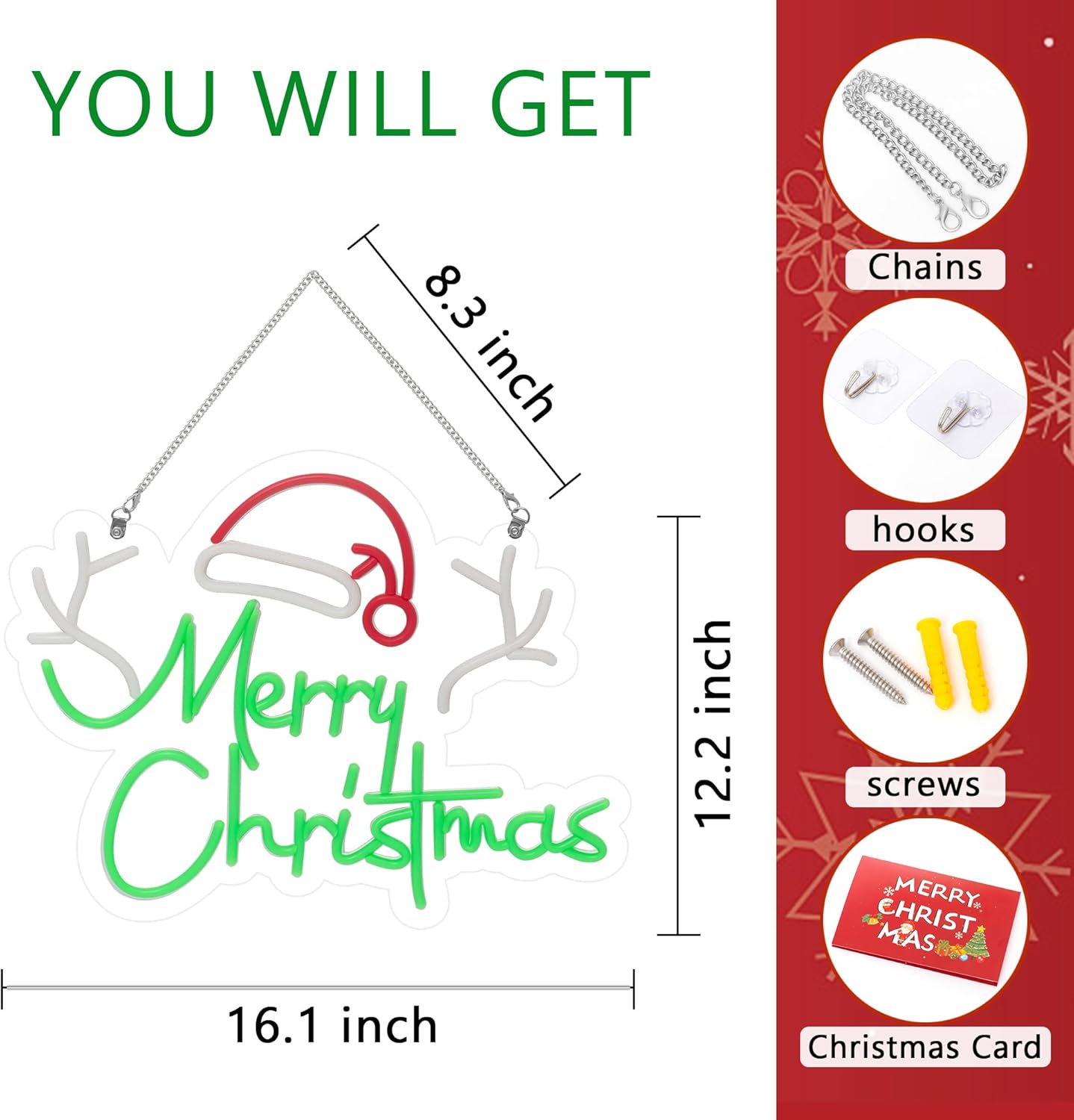 Letrero de neón de Navidad, luces de Navidad verdes, Papá Noel alimentado por USB, árbol de neón de Navidad, ciervomuñeco de nieve, decoración de