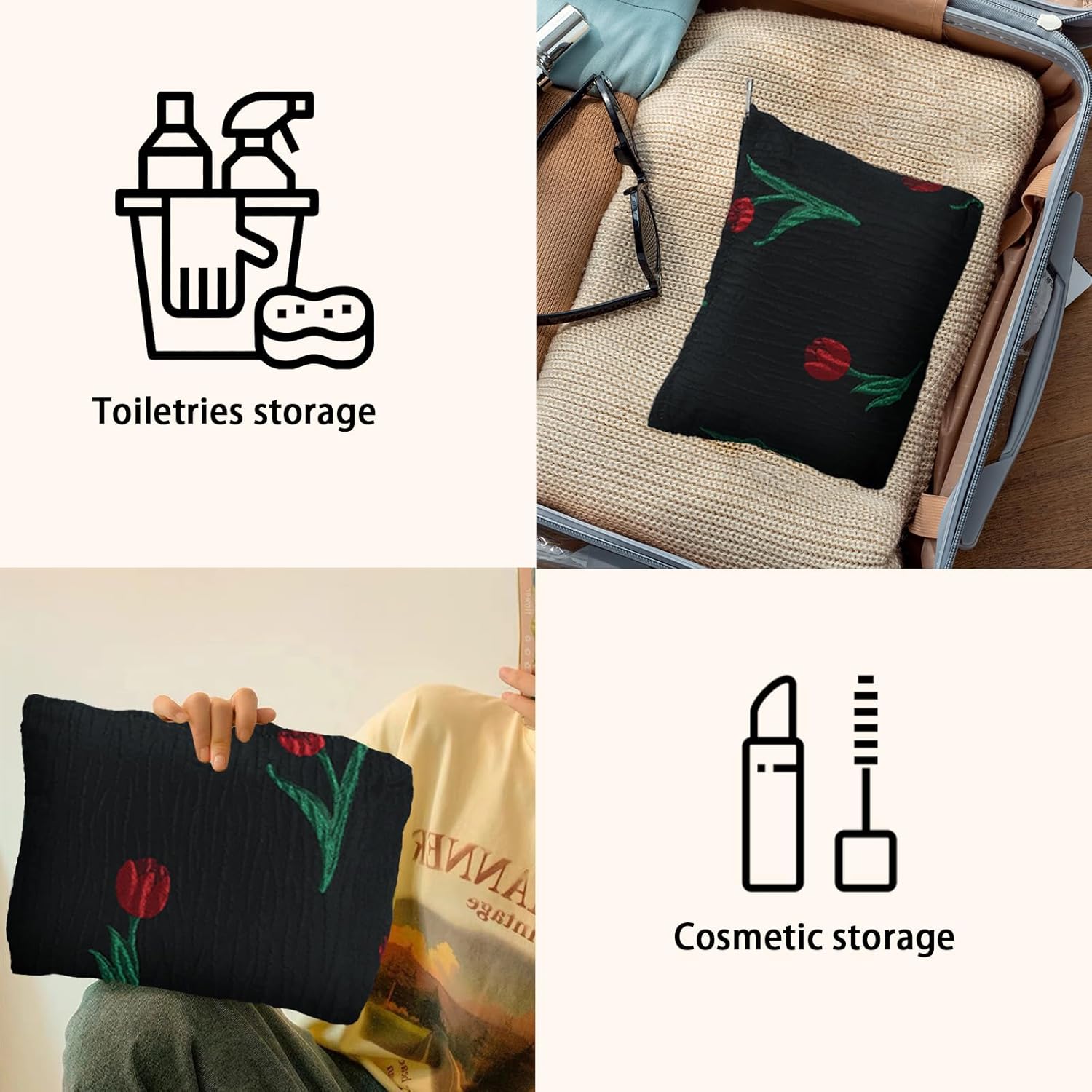 LYDZTION Bolsa de maquillaje de tulipán negro para mujeres, bolsa de maquillaje de lona de gran capacidad, bolsa de aseo de viaje, organizador de