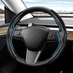 Funda para volante de la marca funda de fibra de carbono a medida para volante de Tesla, transpirable, duradera, antideslizante, transpirable, Funda para volante de la marca funda de fibra de carbono a medida para volante de Tesla, transpirable, duradera, antideslizante, transpirable,