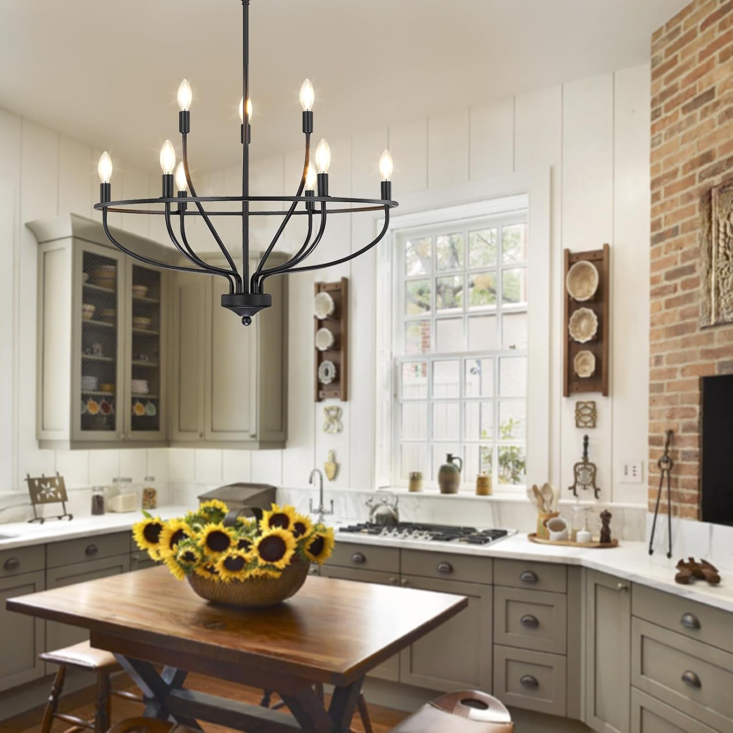 Candelabro negro para comedor, lámpara colgante clásica de 9 luces de granja sobre la mesa, lámpara de vela grande negra para isla de cocina,